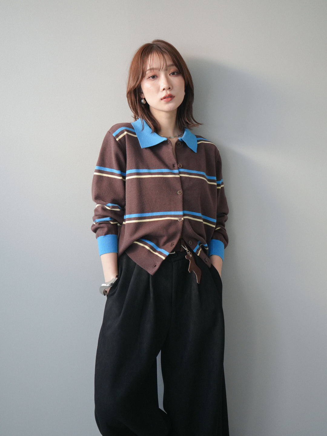 [予約]配色マルチボーダーポロニットカーディガン/brown