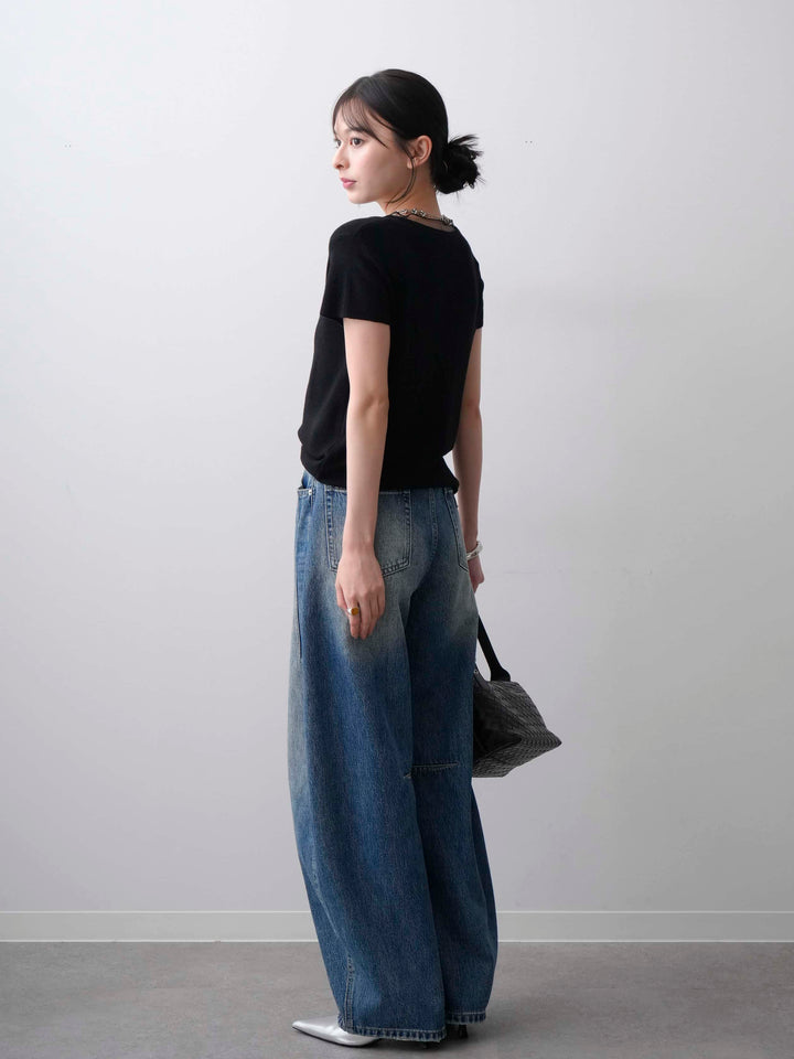 [SET]チュールレーヤードヘンリーフレンチニットトップス+立体カーブデニムパンツ(2set)