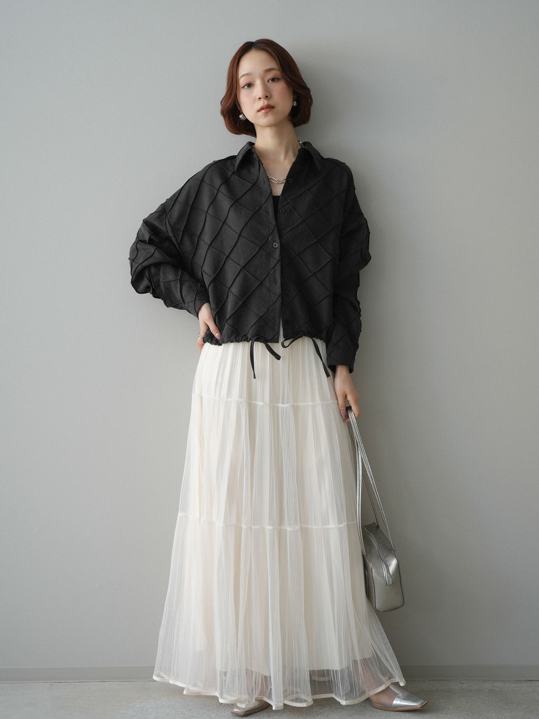 [予約]ラメプリーツレイヤードチュールロングスカート/ivory