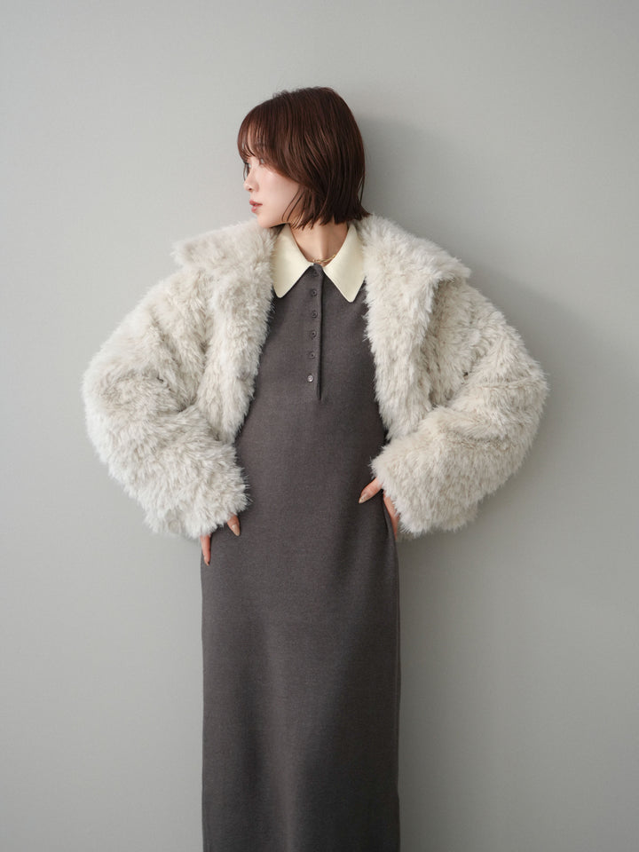 [SET]配色ポロニットワンピース+フェイクファー襟付きショートブルゾン(2set)