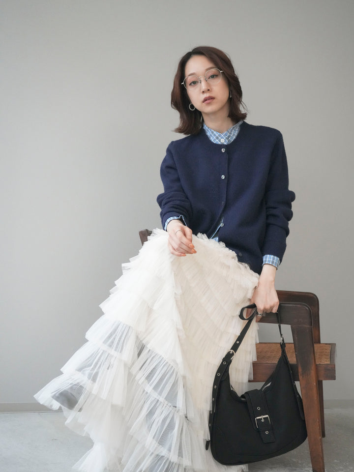 [予約]チェックシャツレイヤードデザインニットカーディガン/navy