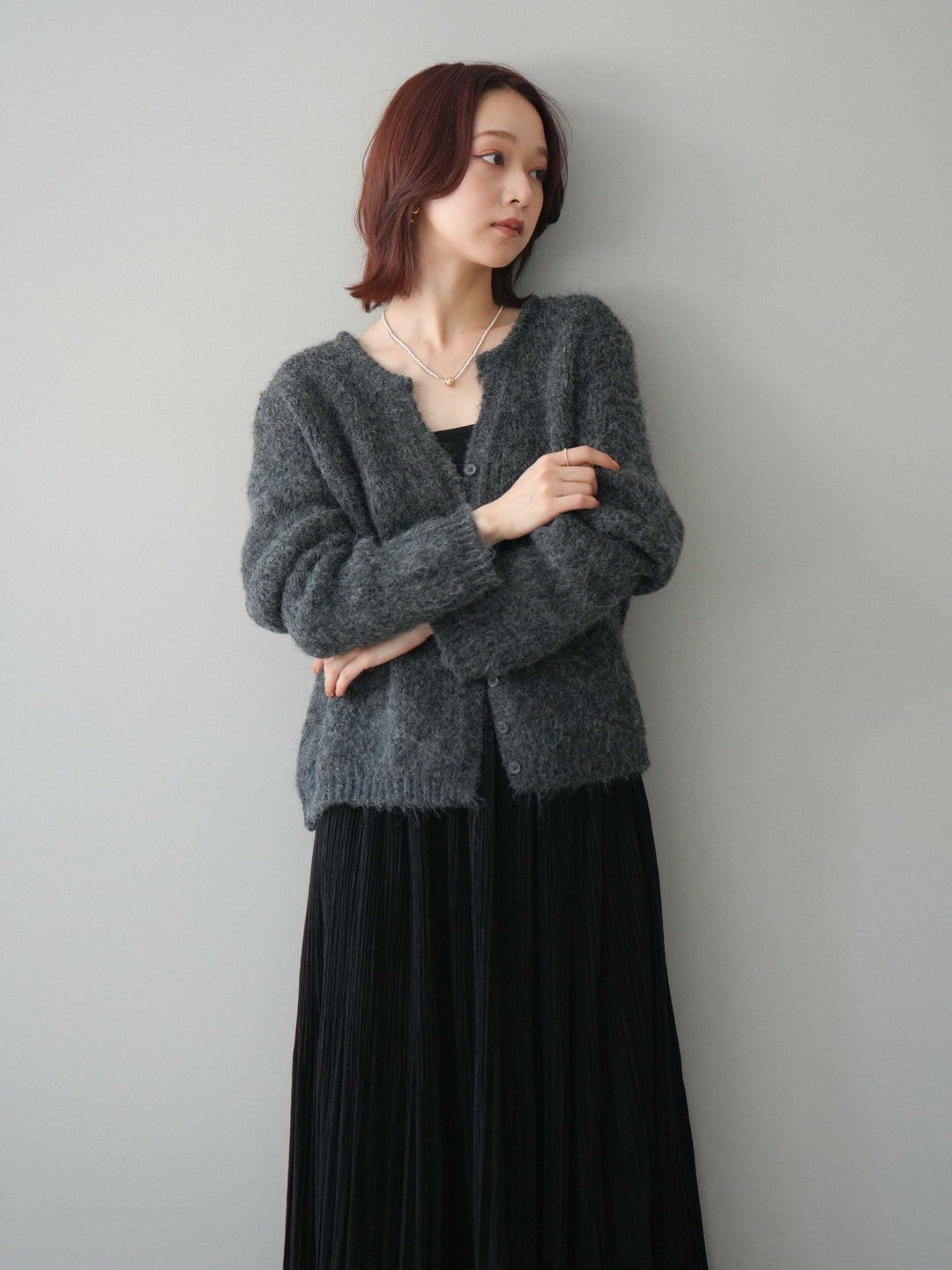 [予約]キーネックシャギーニットカーディガン/gray