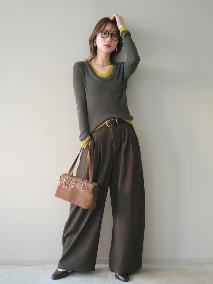 [SET]Uネック配色レイヤードリブニットトップス+アニマル柄ベルト付きウールタッチワイドパンツ(2set)