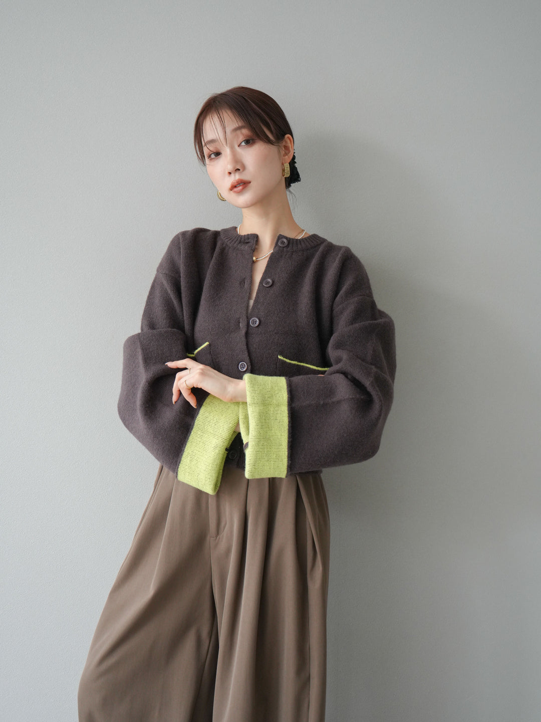 【SET】雙色針織開襟衫+褶襉設計寬褲（2套）