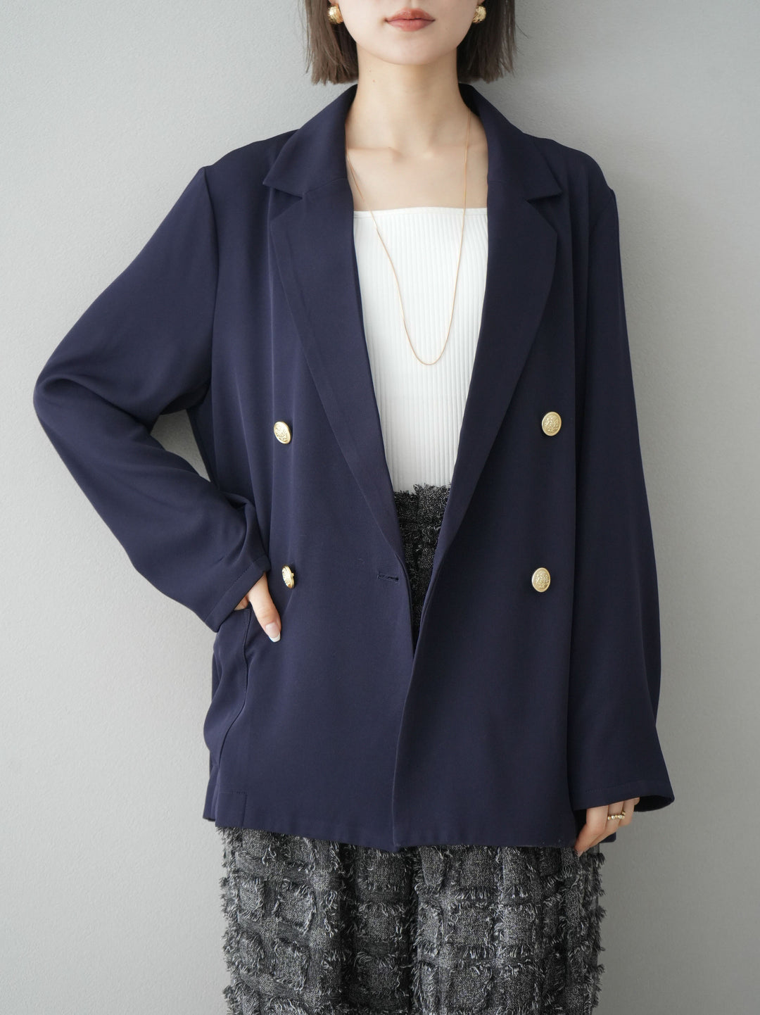 [予約]ゴールドボタンダブルテーラードジャケット/ネイビー