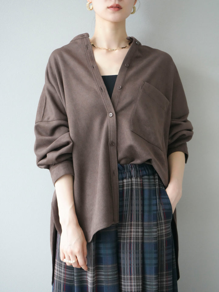 [SET]スエードバンドカラーオーバーシャツ+シアーチェックバギーパンツ(2set)