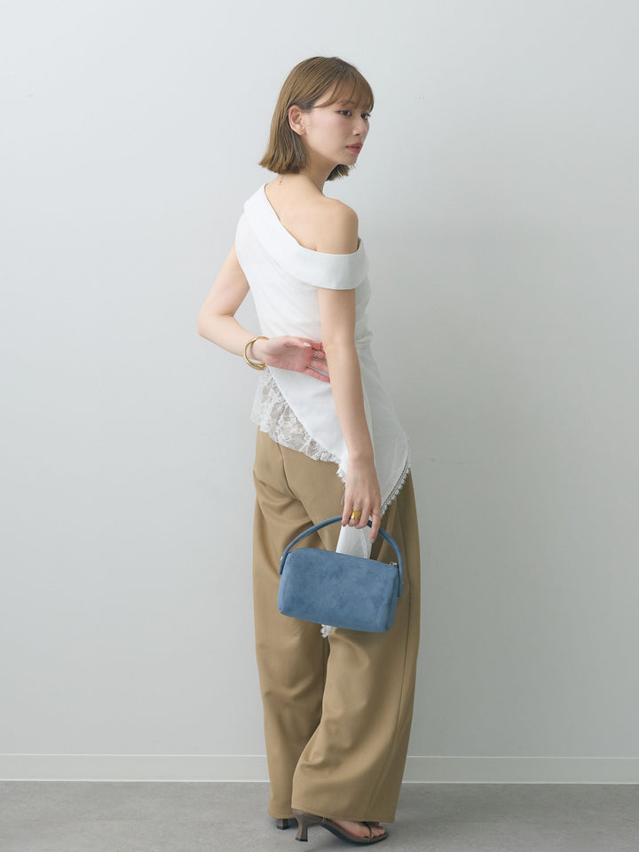 [SET]アシンメトリーラッフルレースヘムトップス+クレープデシンタックワイドパンツ(2set)