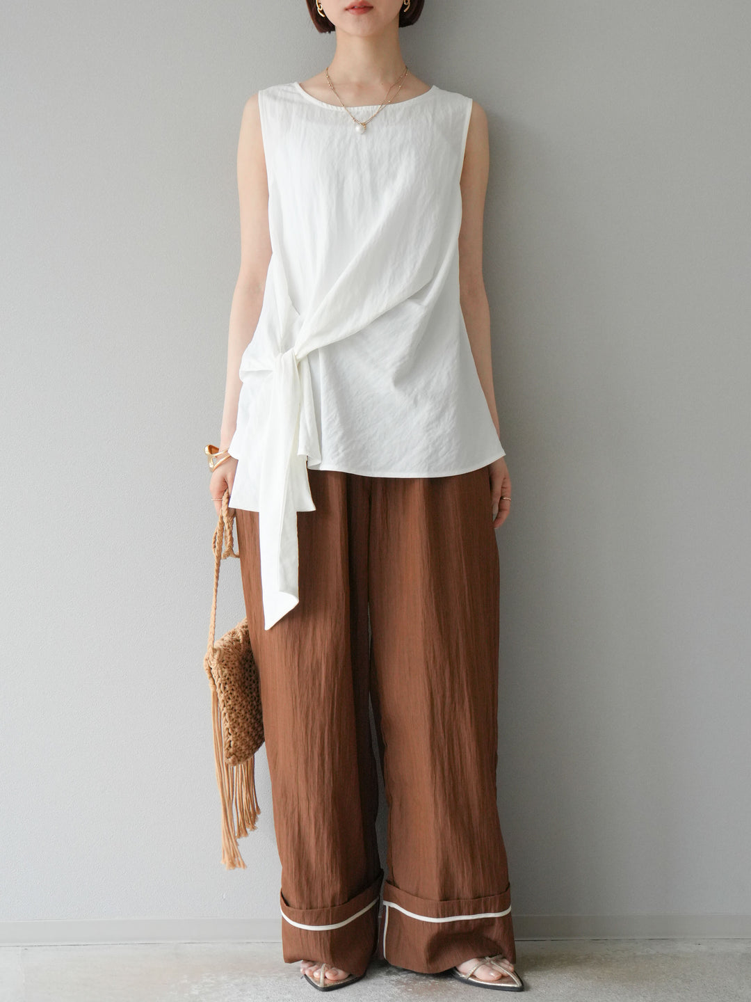 [予約]フロント巻きノースリーブブラウス/ホワイト