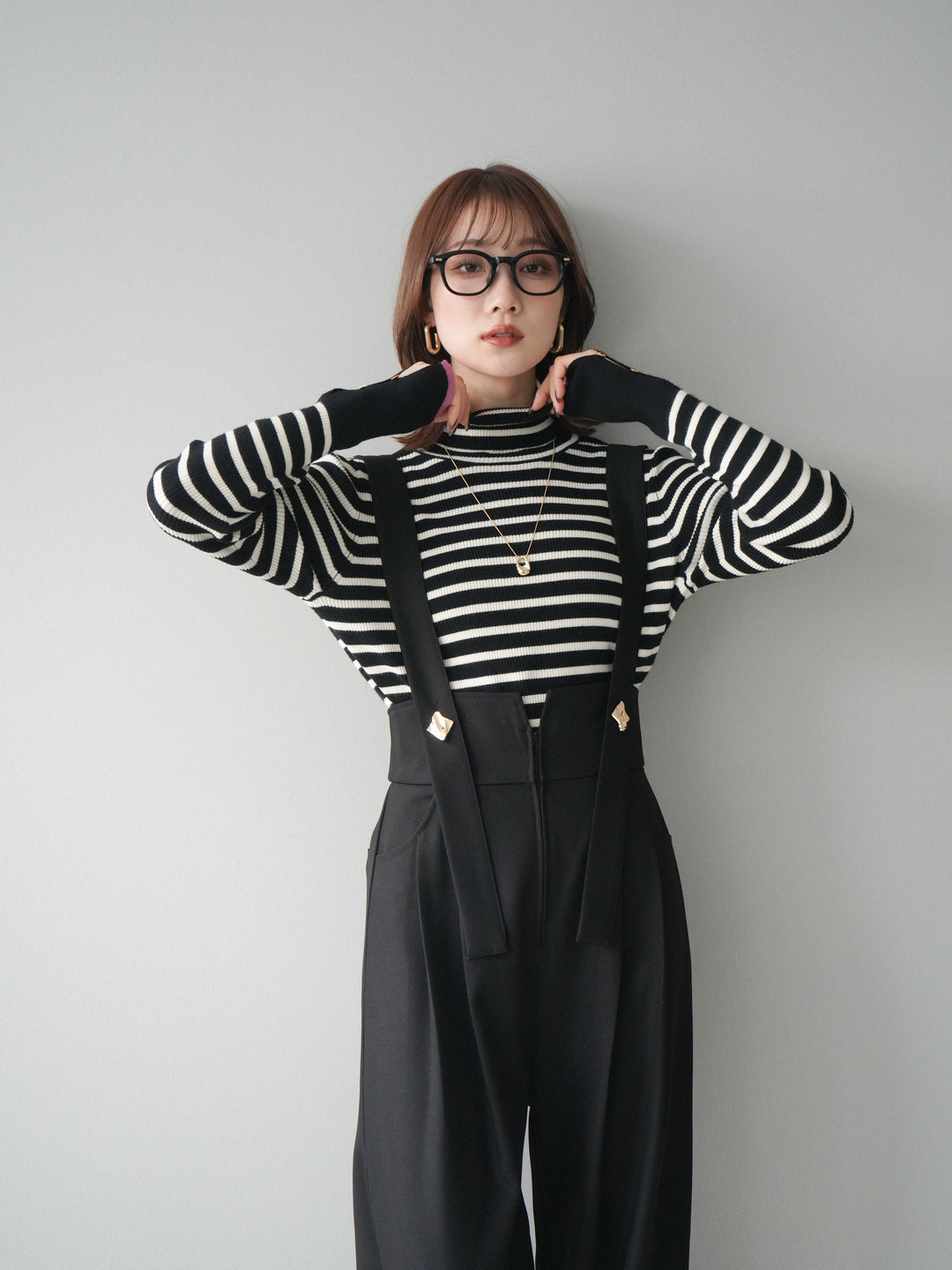 [予約]袖配色ハイネックボーダーリブニットトップス/blackborderpink