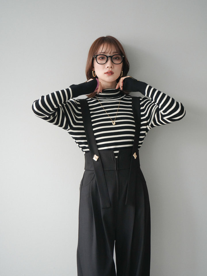 [予約]袖配色ハイネックボーダーリブニットトップス/blackborderpink