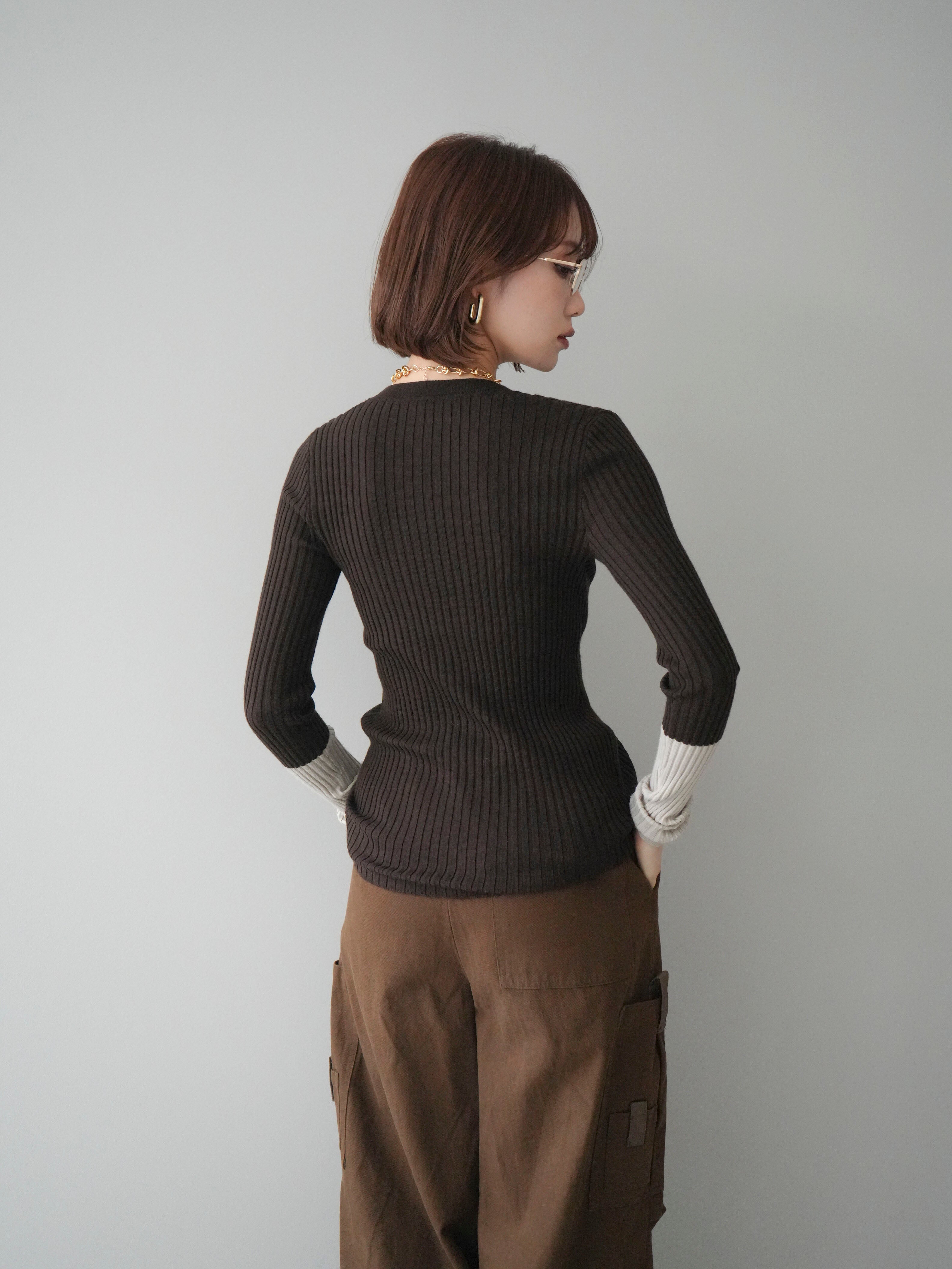 予約]袖配色ランダムリブフロントスリットニットトップス/brown – Lumier