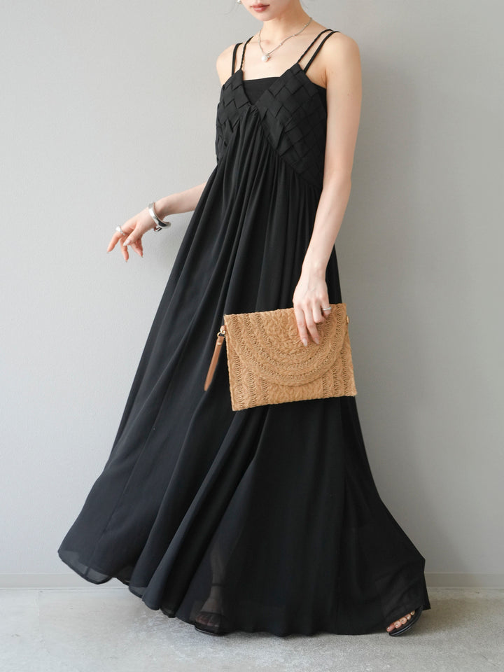 [SET]編み込みデザインシフォンワンピース+カップ付テレコリブベアキャミソール(2set)