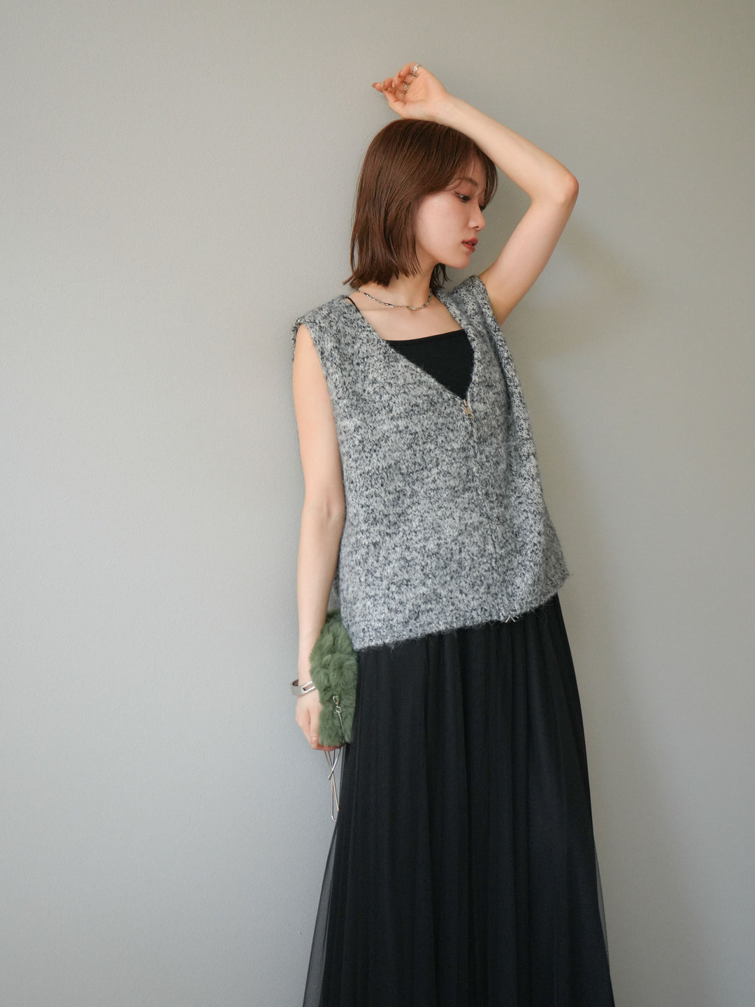[予約]フロントZIPミックスニットベスト/ブラック