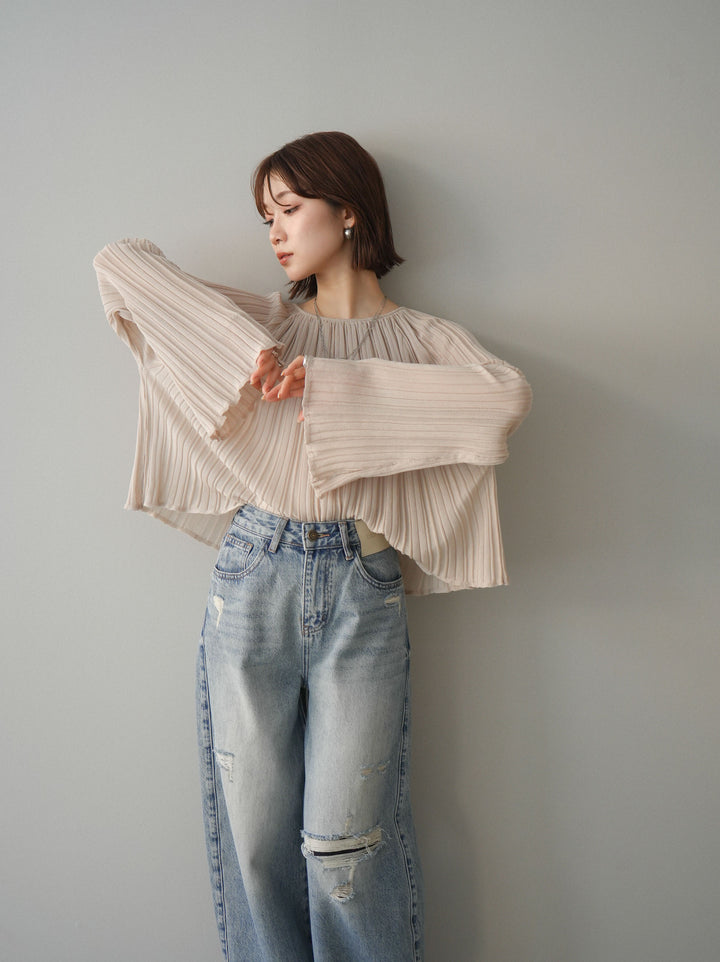 [予約]プリーツシアーフレアスリーブニットトップス/beige