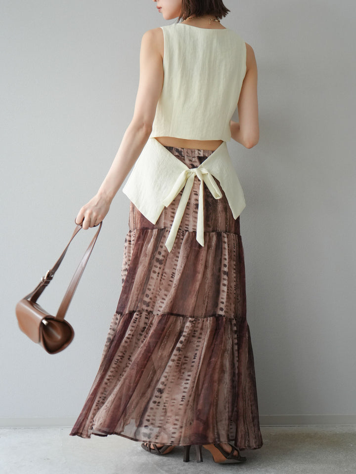 [SET]リネンタッチバックオープンベスト＆ニュアンス柄マキシスカートSET UP(2set)
