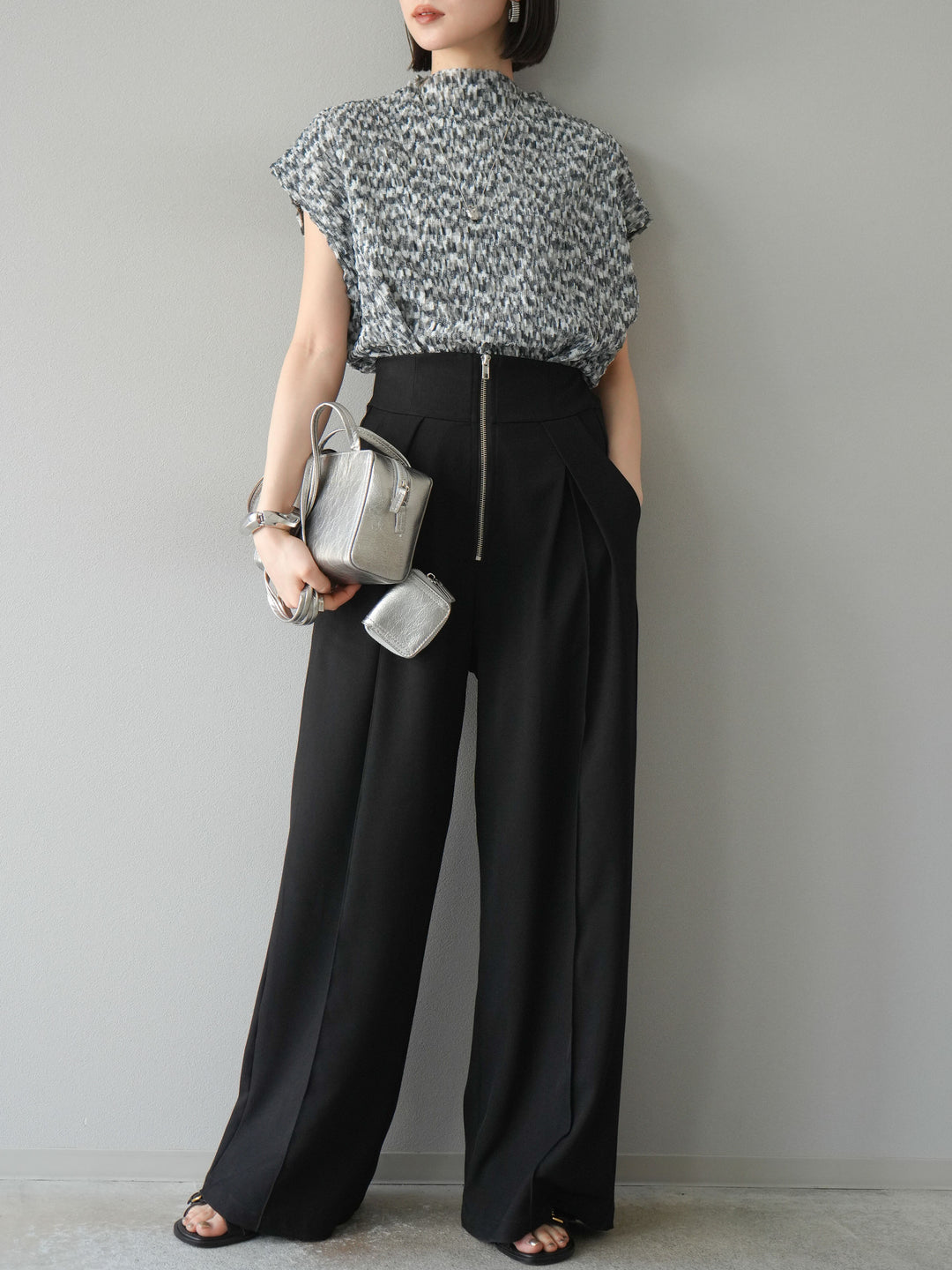 [予約]マルチカラーランダムプリーツフレンチトップス/ブラック