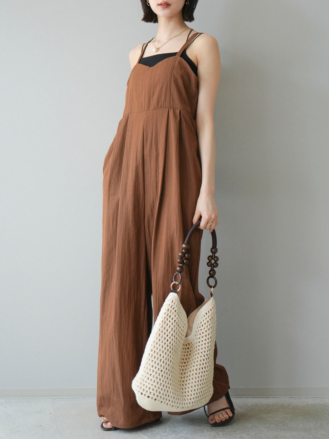 [SET]リネンライクビスチェデザインサロペット+ダブルストラップカットリブブラキャミソール(2set)