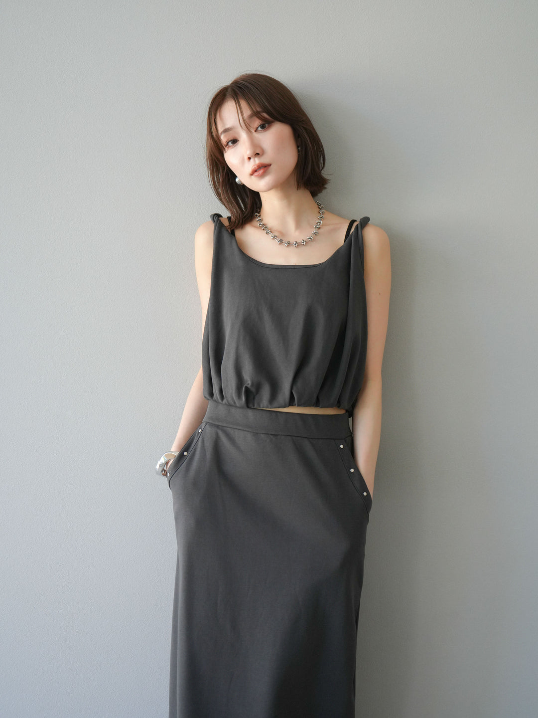 [SET]ミニ裏毛ツイストキャミバルーントップス＆Iラインスカート(2set)