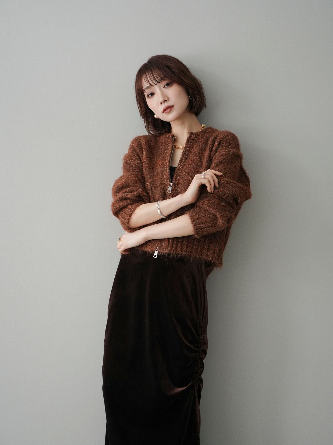 [予約]ミックスヤーンダブルZIPニットカーディガン/brown