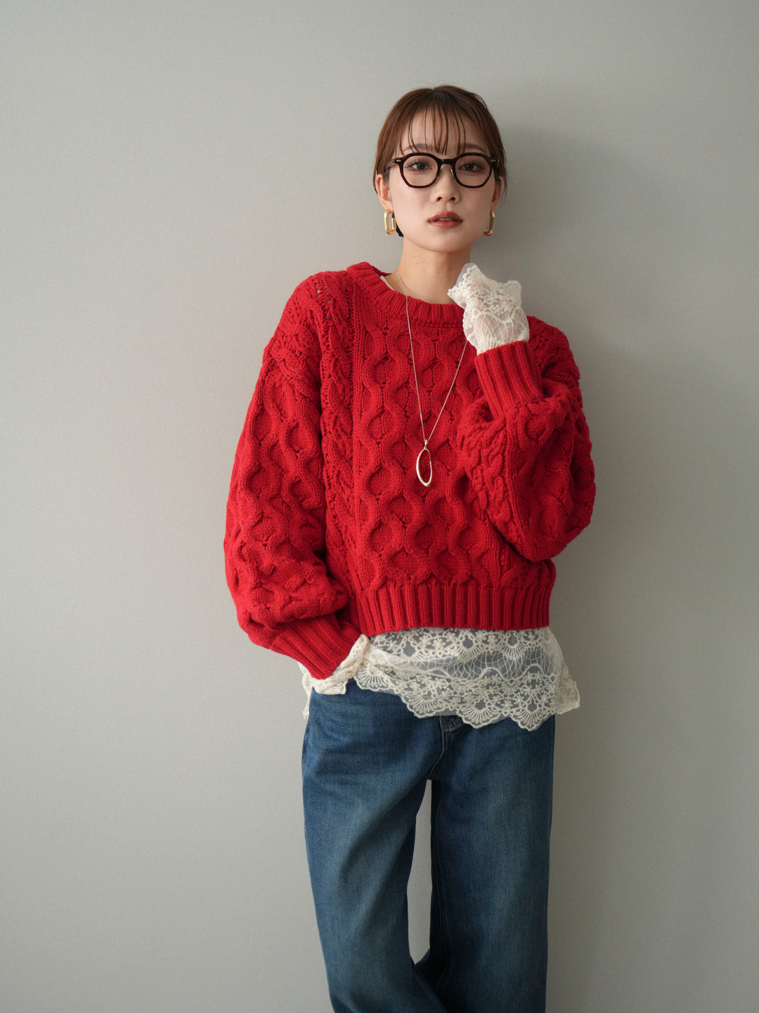 【着回しセット】[SET]バルキーケーブルクロップドニットプルオーバー+アンゴラタッチクルーネックニットプルオーバー+チュールレーストップス(3set)