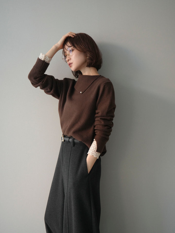 [SET]袖レースパール付き配色ニットトップス+ウールタッチカーブパンツ(2set)