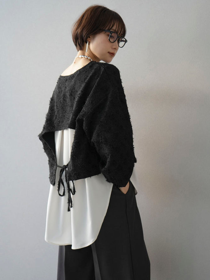 [SET] Feather jacquard back design docking blouse + design tuck wide pants (2set)