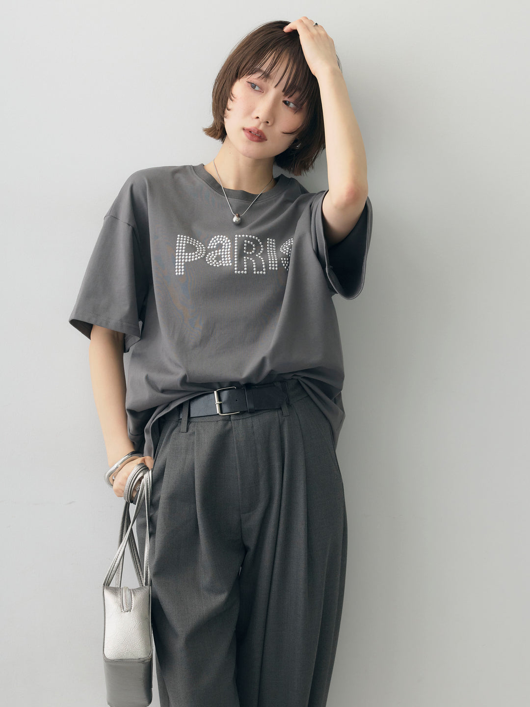 [SET]スタッズロゴTEE+ベルトデザインツータックドレープワイドパンツ(2set)