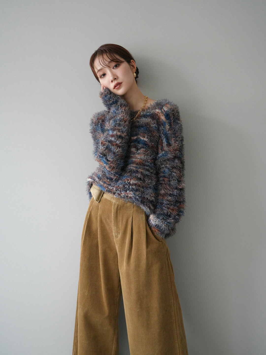 [予約]ミックスシャギールーズニットプルオーバー/blue