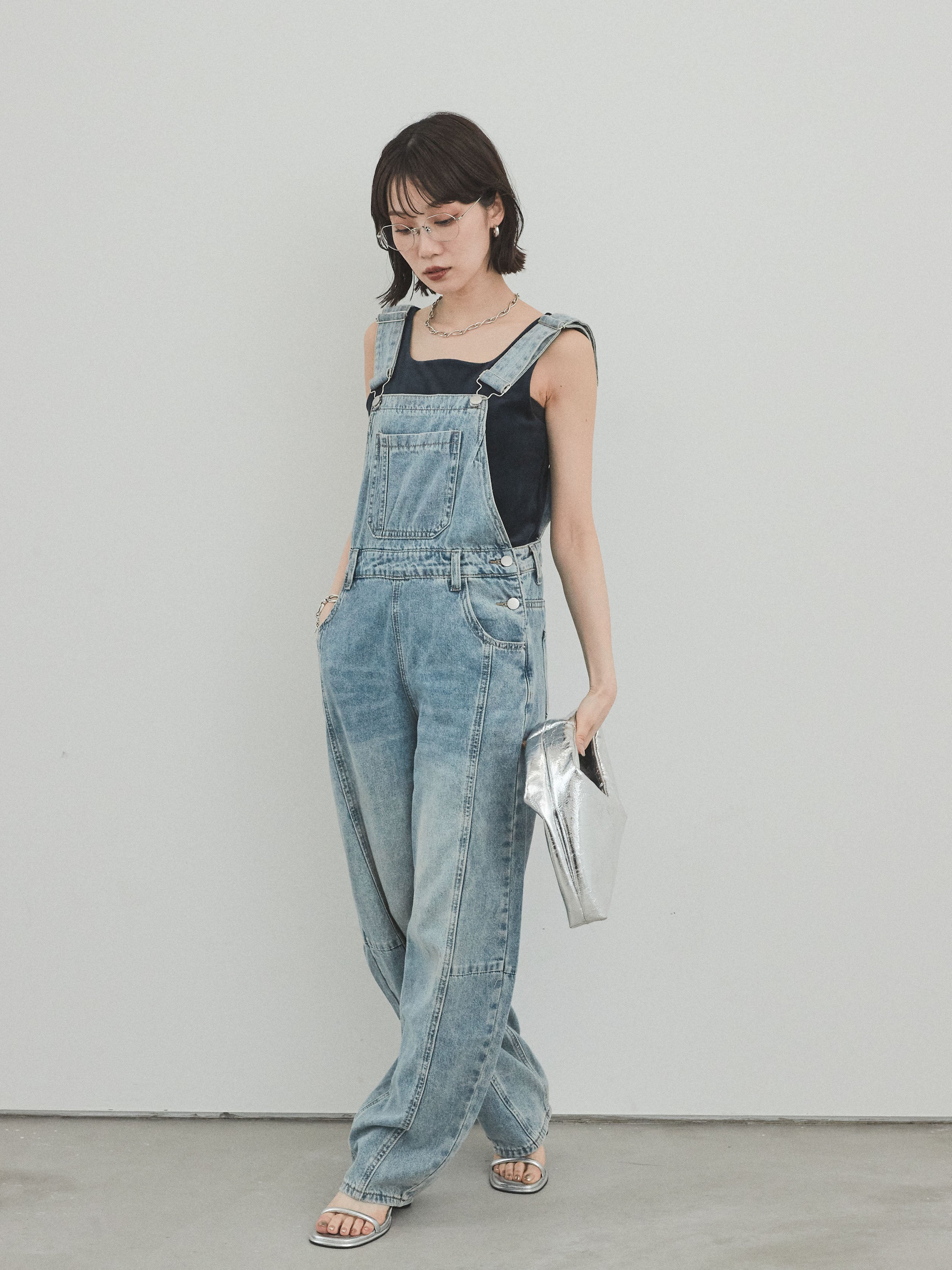 SET]センターシームデニムサロペット +スクエアベロアタンクトップ