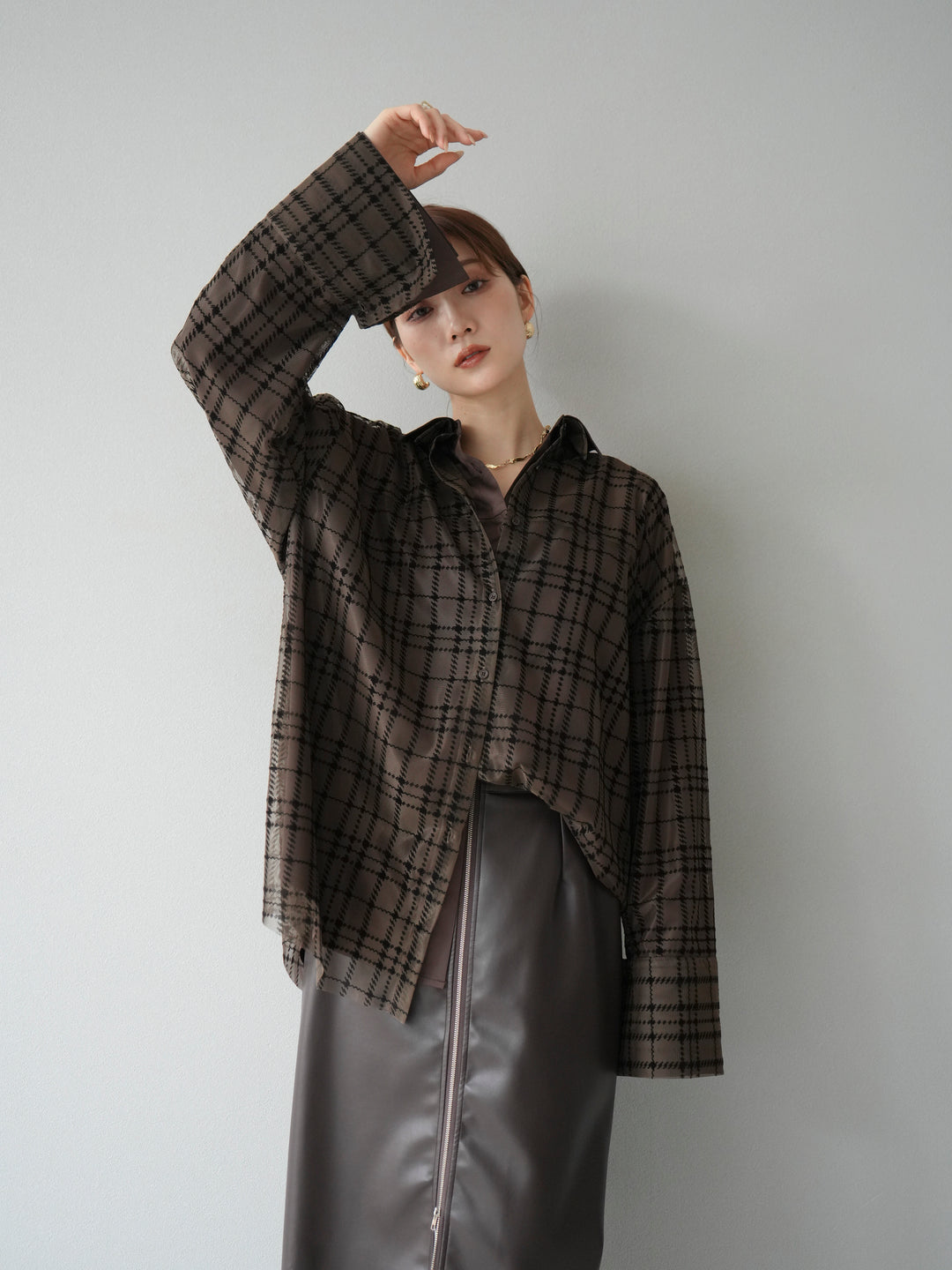 [予約]チェック柄チュールシャツアンサンブル/ブラウン