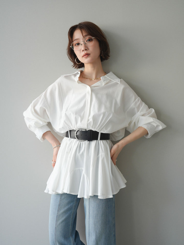 【預購】繫帶喇叭襯衫迷你洋裝 / 白色