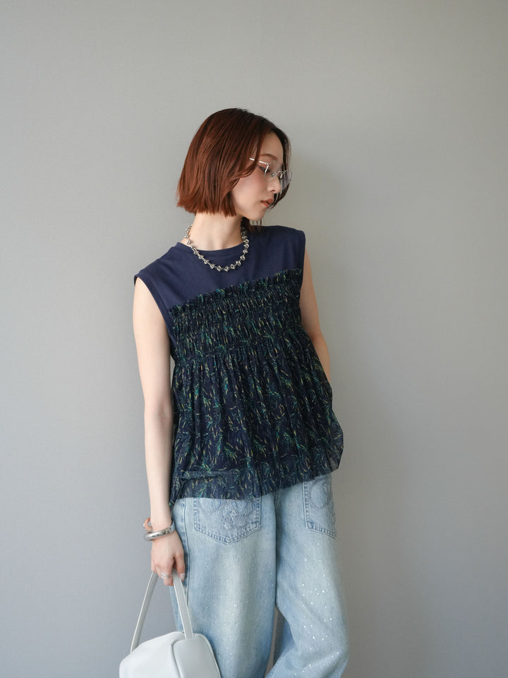 [予約]チュールプリントノースリーブトップス/navy