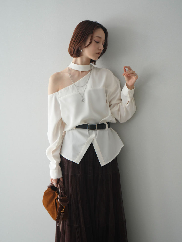 [SET]ベルト付ワンショルダースリットブラウス+ベルト付ワンショルダースリットブラウス(2set)