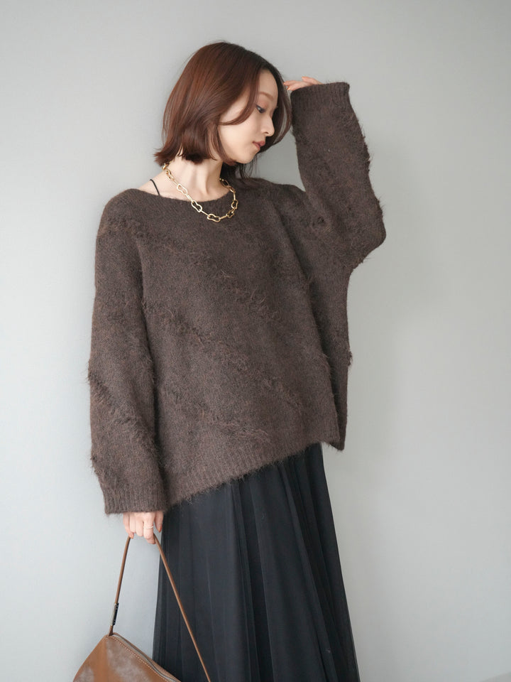 [予約]ブークレラインデザインニットプルオーバー/brown