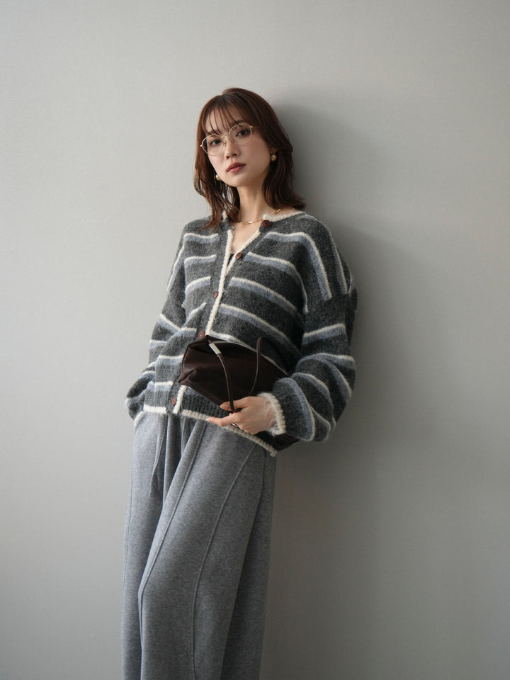 [予約]ウールタッチ配色ボーダーニットカーディガン/gray