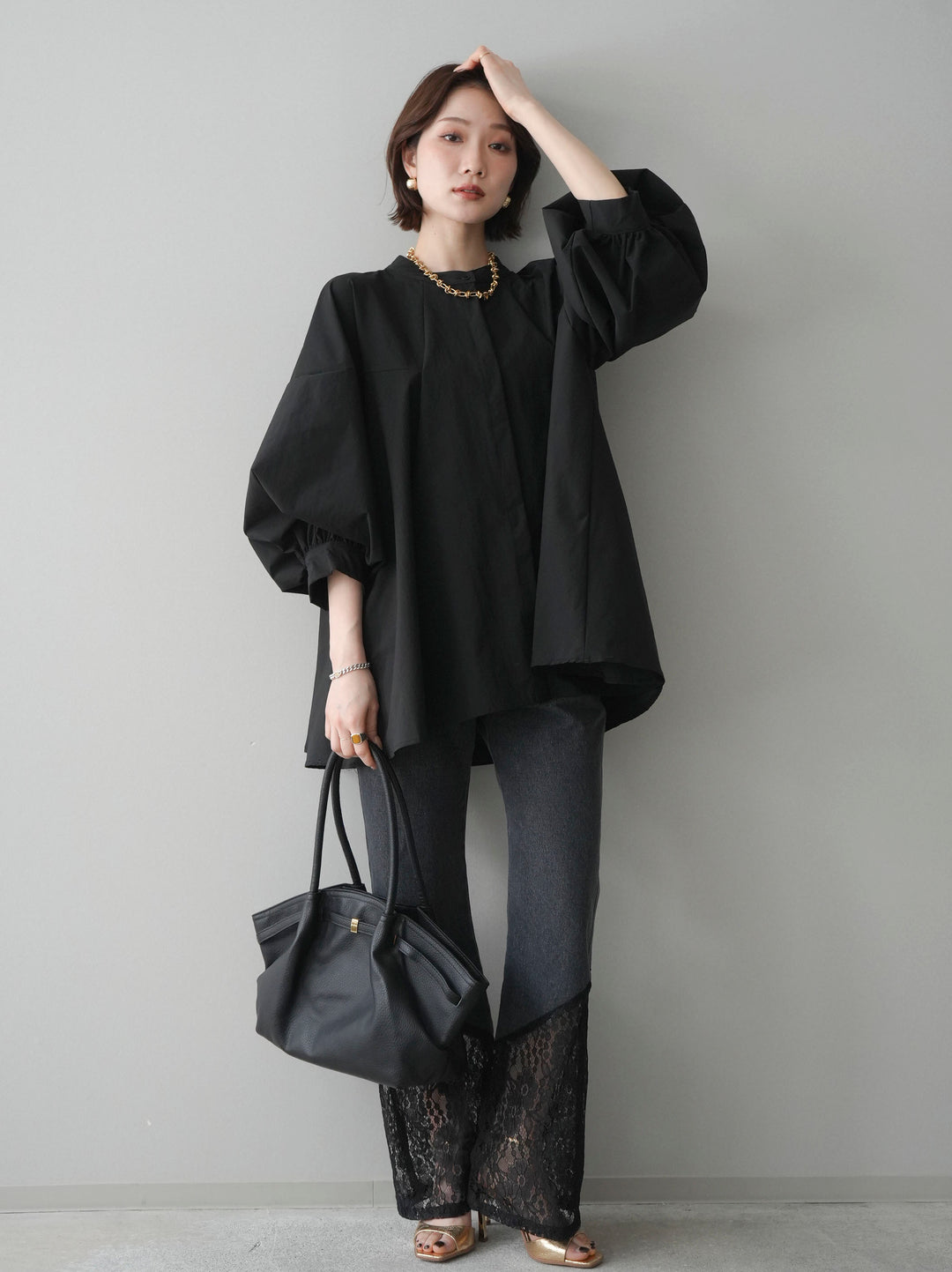 [予約]レース切替フレアデニムパンツ/black