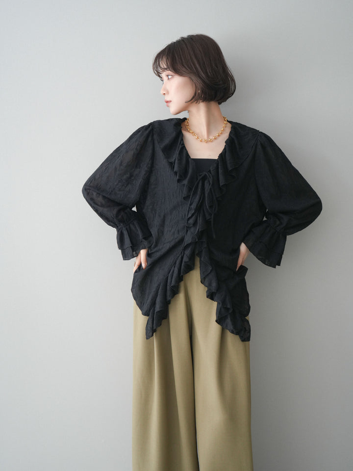 [予約]ラッフルレーススリットブラウス/black