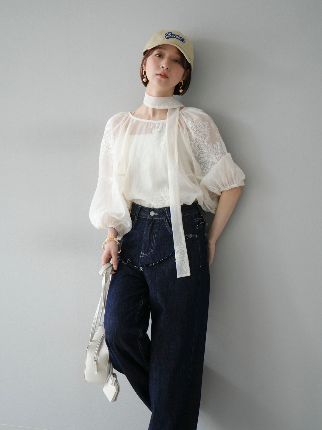 [SET]刺繍シアーバルーンスリーブブラウス+ヒップデザインデニムパンツ(2set)