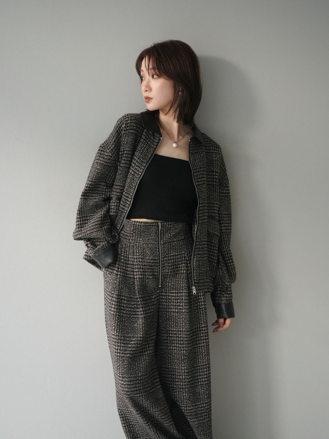 [予約]レザー襟ミックスツイードジャケット/brown