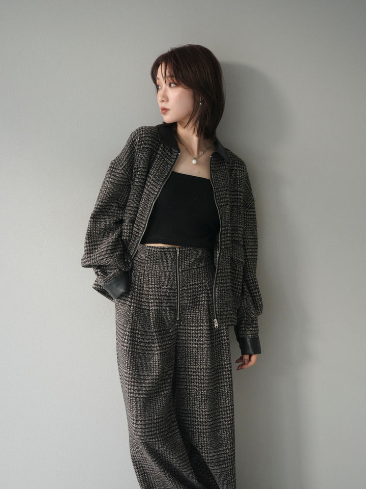 [予約]レザー襟ミックスツイードジャケット/brown