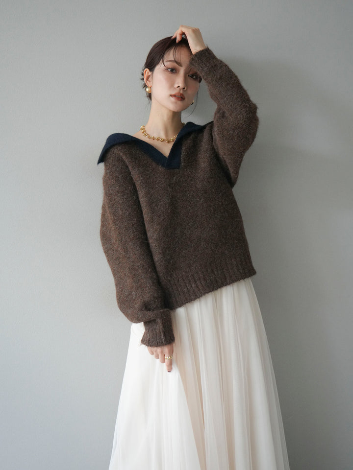 [予約]バイカラー襟付きニットプルオーバー/brown