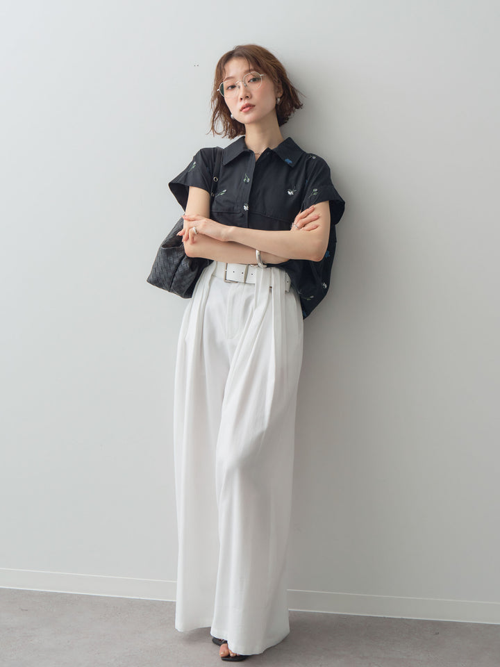 【套裝】花卉刺繡燈籠無袖襯衫+腰帶設計環扣闊腿褲（兩件套）