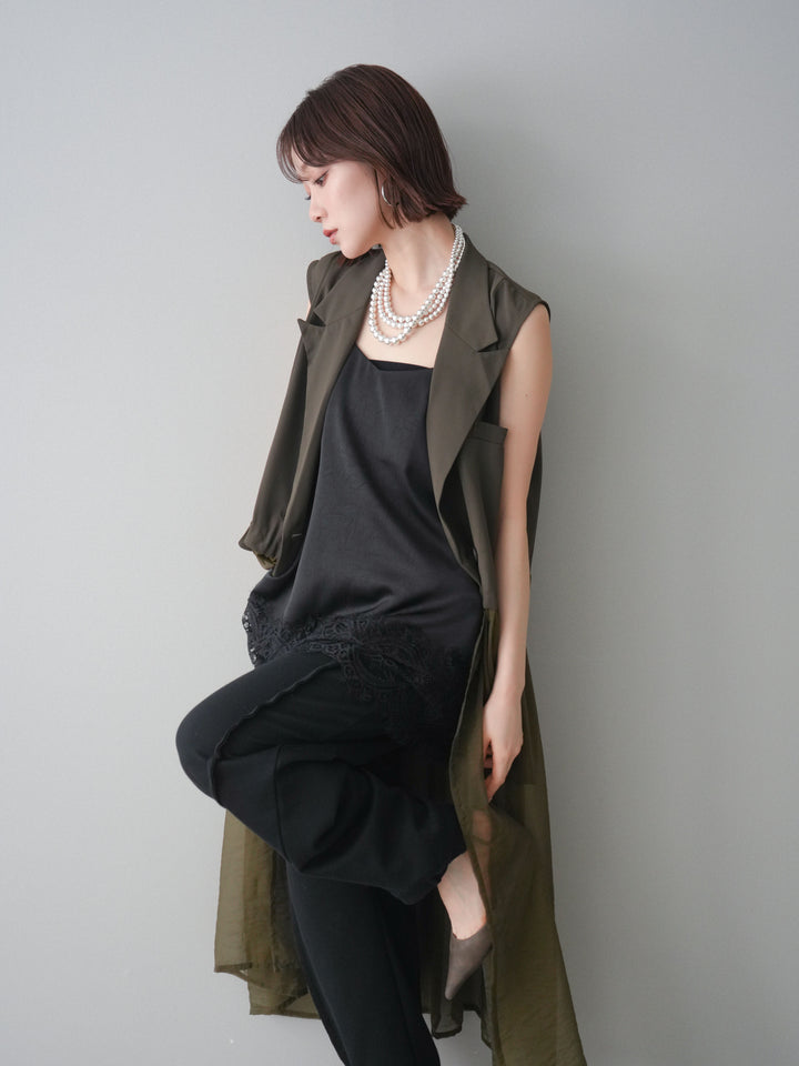 [SET]シアーレイヤードテーラードロングジレ+レーストリムキャミソール+2WAYデザインスウェットパンツ(3set)