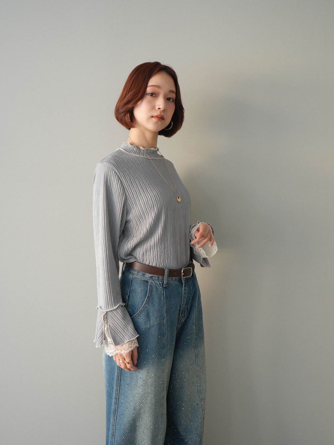 [予約]袖レース楊柳メロートップス/lightgray