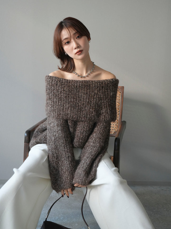 [予約]オフショルミックスニットプルオーバー/brown