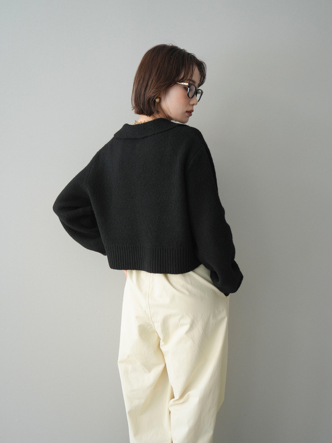 [予約]メランジニット襟付きクロップドカーディガン/black