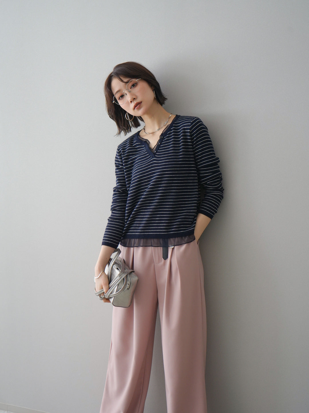 [SET]チュールレイヤードデザインボーダーニットトップス+選べるアクセセット(2set)