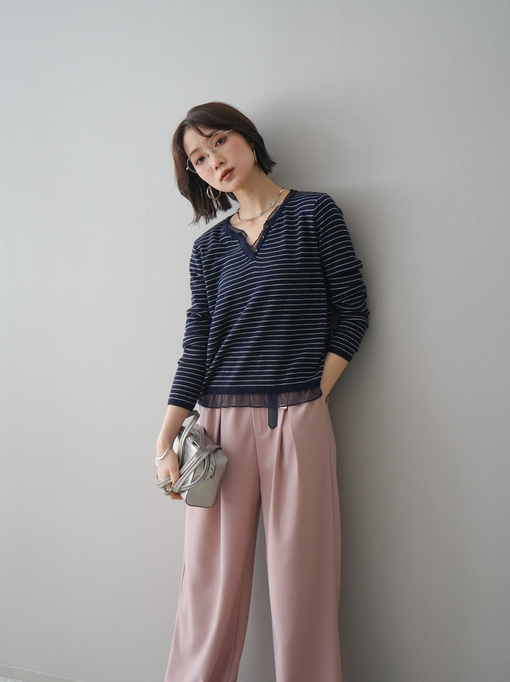 [SET]チュールレイヤードデザインボーダーニットトップス+選べるアクセセット(2set)