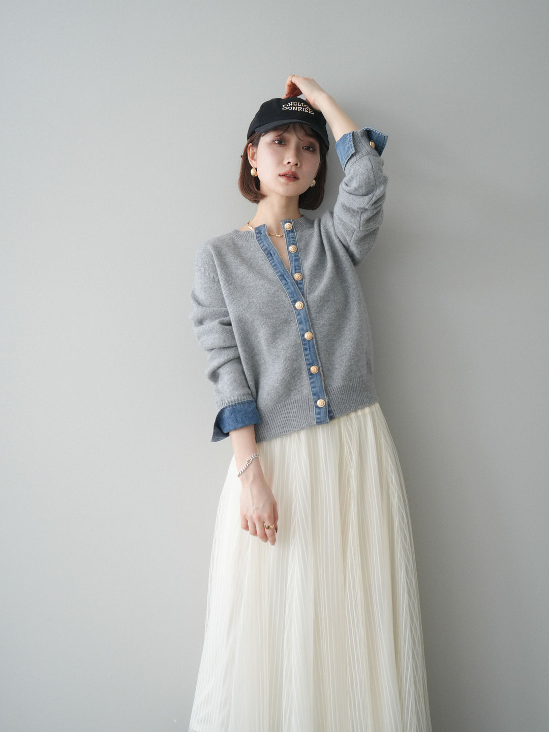 [SET]クルーネックデニムドッキングニットカーディガン+選べるアクセセット(2set)