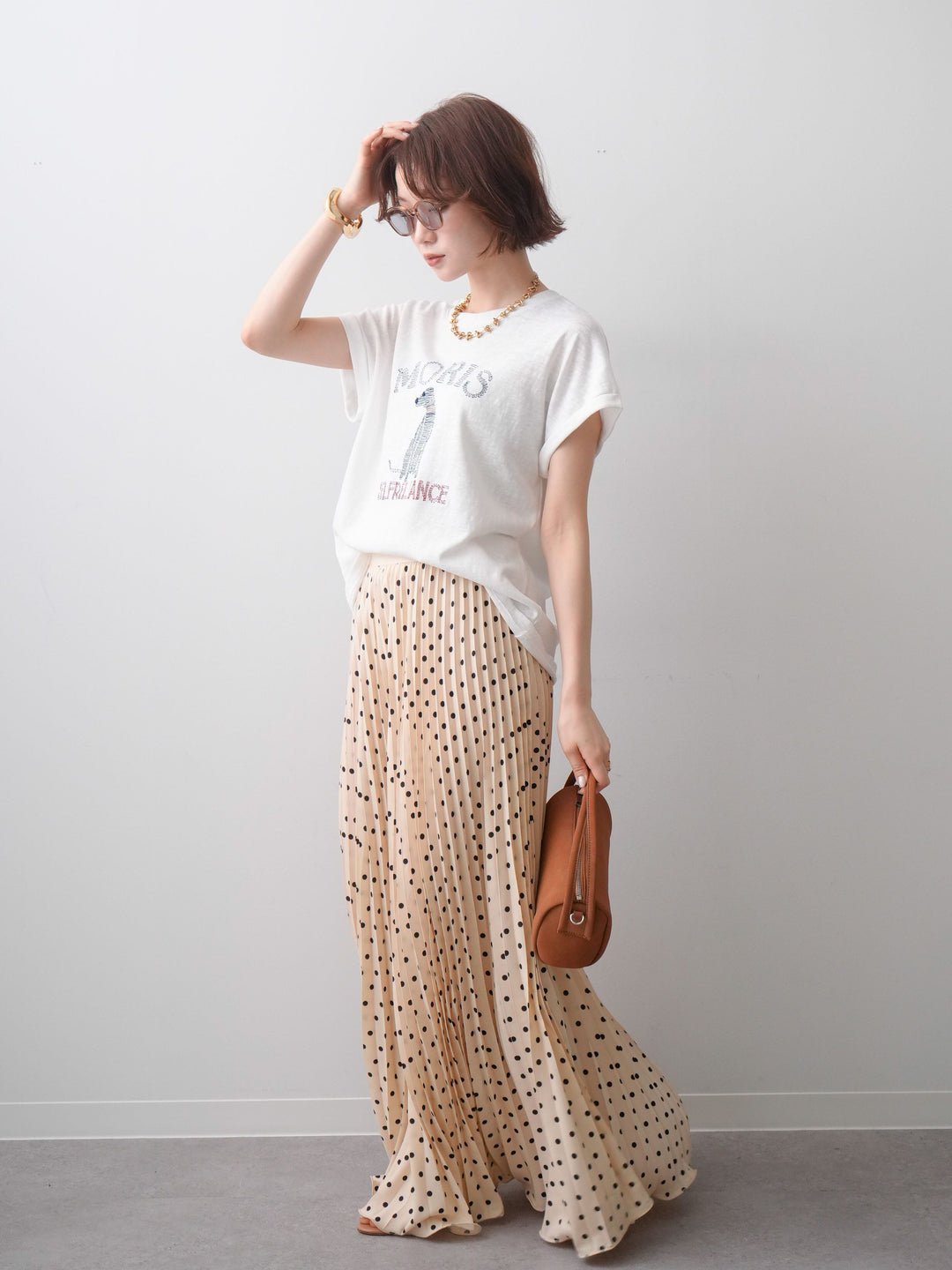 [SET]ドッグエンブロイダリーTEE+ドットアコーディオンプリーツスカート(2set)